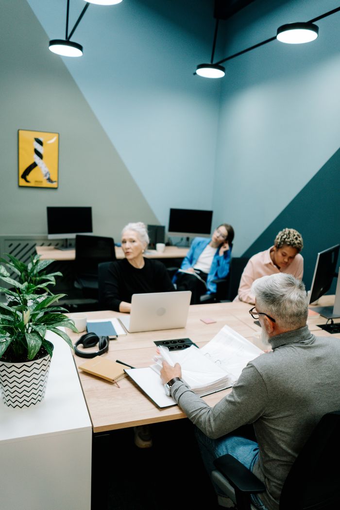 Services Diverse team discussing business strategy in modern office setting.